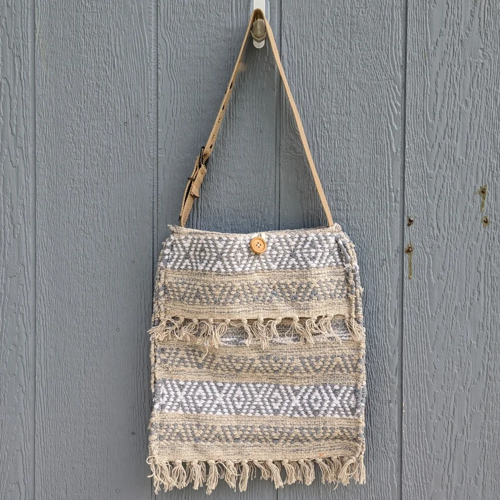Handmade Tapestry Shoulder Tote Bag with Fringe Tan White & Blue‎